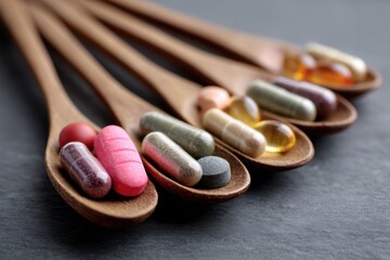 Explore top supplements for women's health with various pills in wooden spoons
