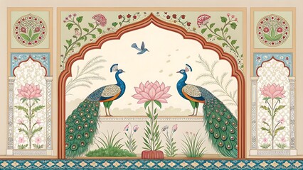 Peacock Art Indian Mughal Miniature Painting Floral Archway Birds Lotus Flower