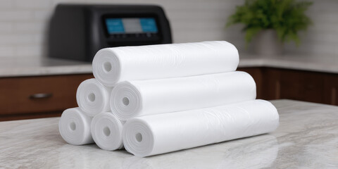 rolled-up white paper towels are stacked in a pyramid on a kitchen countertop. Cleanliness, organization, household items