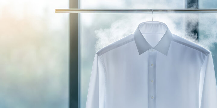 A white dress shirt is hanging on a rail, with steam rising around it. Clothing freshly steamed, clean appearance
