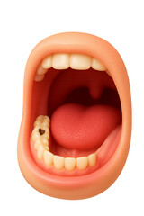 Open Mouth Illustration Showing Decayed Molar and Tongue on Transparent Backdrop for Educational Dental Health Concepts