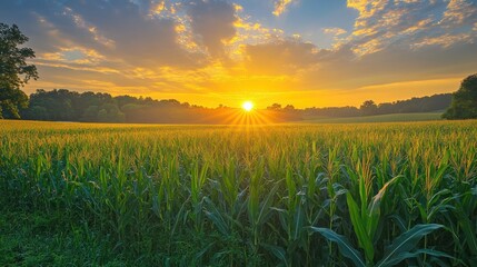 Sunrise over a field of corn, a symphony of nature's beauty unfolding