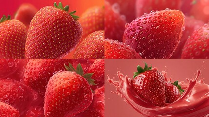 Four images showcasing vibrant, ripe red berries. Some are clustered, others with droplets, one in a splash