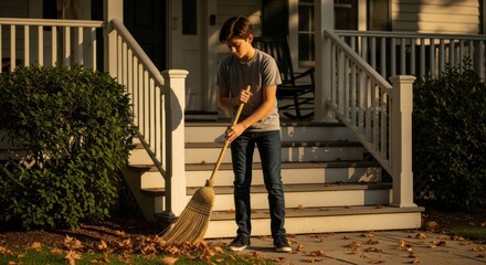 Autumn Chore: Teen Sweeping Leaves on Front Porch