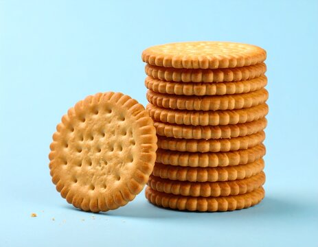 Stack of flaky baked khari biscuits on pastel blue background &mdash; Indian puff pastry snack visual
