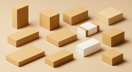 Fototapeta premium Assortment of blank cardboard boxes for packaging, shipping, and product mockups.