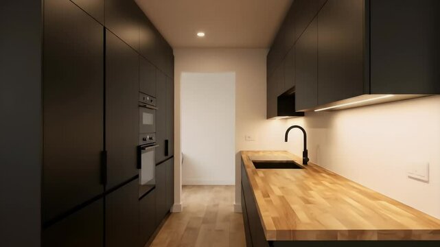 Modern Minimalist Kitchen Dark Cabinets Wood Countertop Galley Layout Lighting