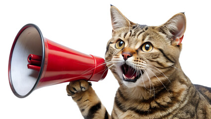 A tabby cat excitedly shouts into a red megaphone, making an announcement or calling for attention isolated on transparent background