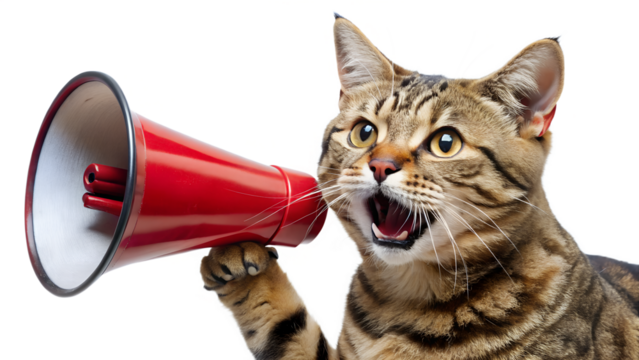A tabby cat excitedly shouts into a red megaphone, making an announcement or calling for attention isolated on transparent background