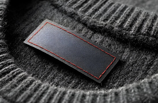 black  with seam label black on clothes.Black label on fabric background.Close-up of blank black label on black fabric with soft natural lighting and textured background.Close-up of white t-shirt coll