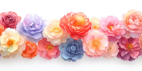 A vibrant array of colorful, watercolor-style flowers arranged against a white background.