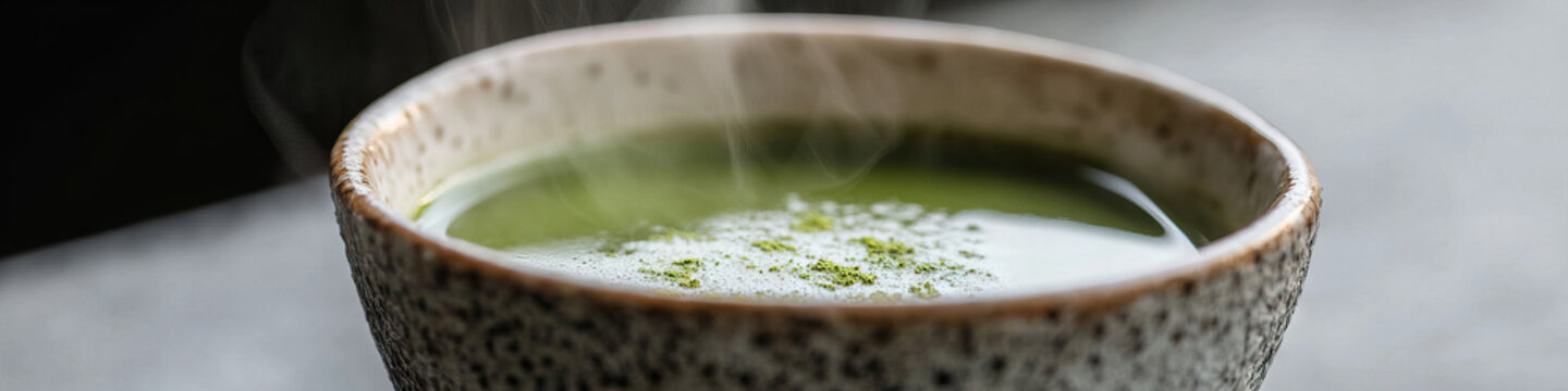Steaming Matcha Tea in Speckled Bowl