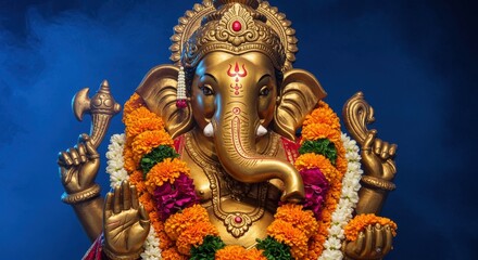 Obraz premium Golden ganesha statue adorned with vibrant flower garlands