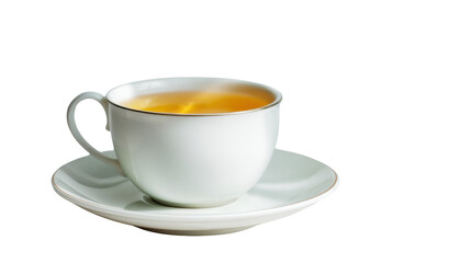 A steaming cup of tea on a white saucer against a white background.