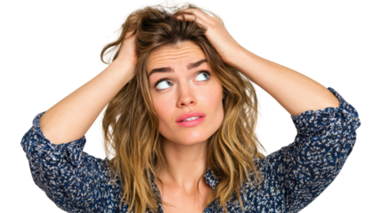 A young woman expressing frustration while looking upwards, with tousled hair and casual attire against a white background.