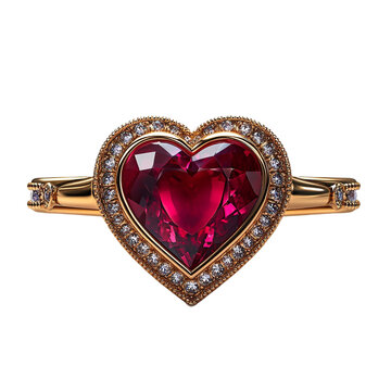 Front view of a heart-shaped ring with a ruby isolated on a white transparent background