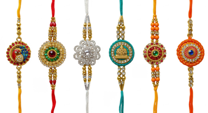Festive Rakhi Bracelets: A vibrant arrangement of intricately designed rakhi bracelets, each showcasing unique embellishments and colorful threads, symbolizing the sacred bond of love and protection.