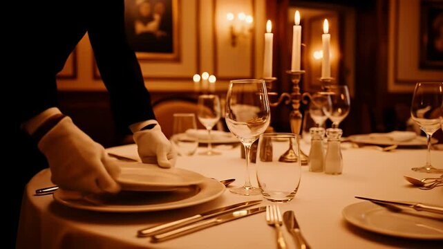 Elegant formal dining table setting under soft warm lighting