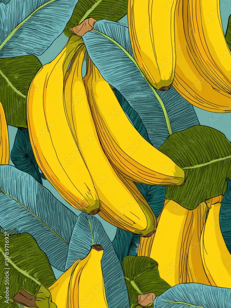 Poster bright seamless pattern featuring bananas and leaves, creating a vibrant tropical vibe with an empty