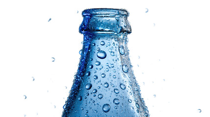 Close-up of a blue glass bottle with water droplets, isolated on a white background.