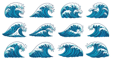 A collection of stylized blue ocean waves with white foam, isolated on white background, perfect for adding a dynamic and nautical touch to any design