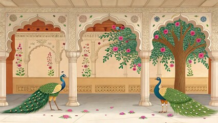 Elegant Peacock Painting Mughal Art Indian Architecture Floral Design
