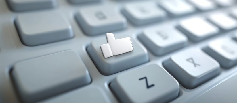 A light gray computer keyboard with a white thumbs-up icon on a key
