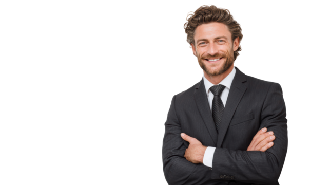 Confident businessman in formal suit with arms crossed, smiling, isolated on white background.