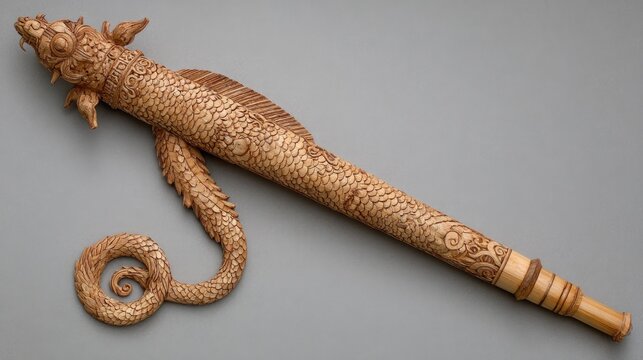 Carved wooden dragon-fish staff