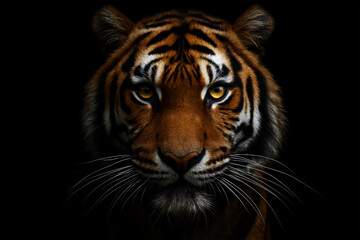 White Bengal tiger portrait with intense eyes and detailed striped fur in a close-up wildlife view