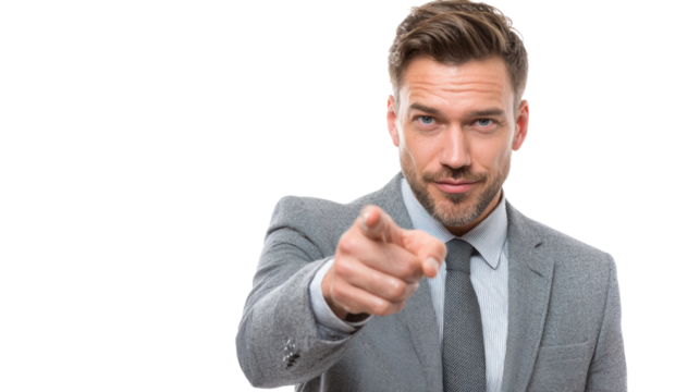 Confident businessman pointing and engaging with the audience, isolated on a white background.