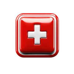 Obraz premium Glossy Medical Health Symbol Icon Red and White Square Cross Logo Sign on transparent background