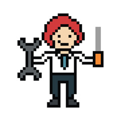 Fototapeta premium Cartoon cute pixel 8bit character engineer man fix problem improvement for decoration 8 bit male boy male engineer solve problem character game png vector.
