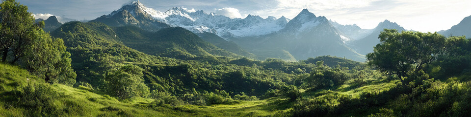 Naklejka premium Panoramic View of a Mountain Valley with Snow-Capped Peaks and Green Vegetation