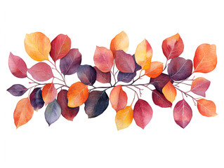 A beautiful watercolor illustration of a horizontal branch with vibrant autumn leaves in warm, rich colors.