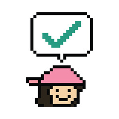 Fototapeta premium Cute pixel cartoon character man say chat feedback Ok accept okay accept decoration 8 bit male boy man talk good accept OK okay pixel game png vector.
