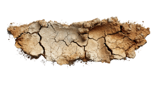 Cracked soil texture on a white isolated background.