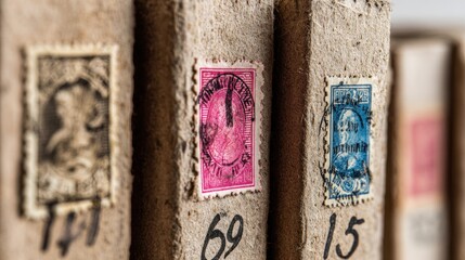 Close-up of aged, numbered archival boxes, vintage stamps