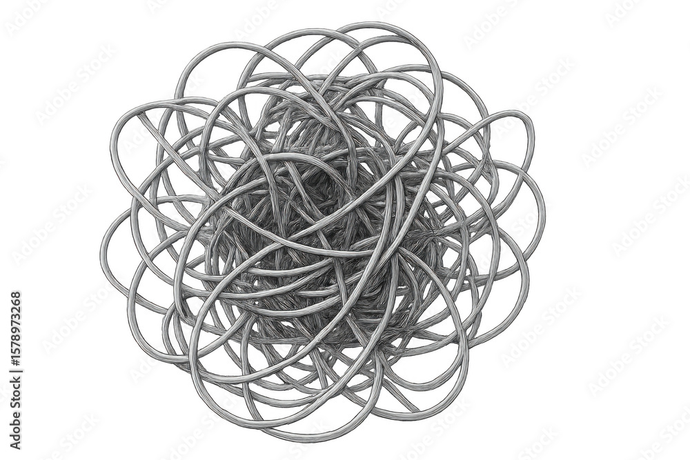 Poster metallic sphere created by interweaving cables, symbolizing complexity, connectivity, and network on
