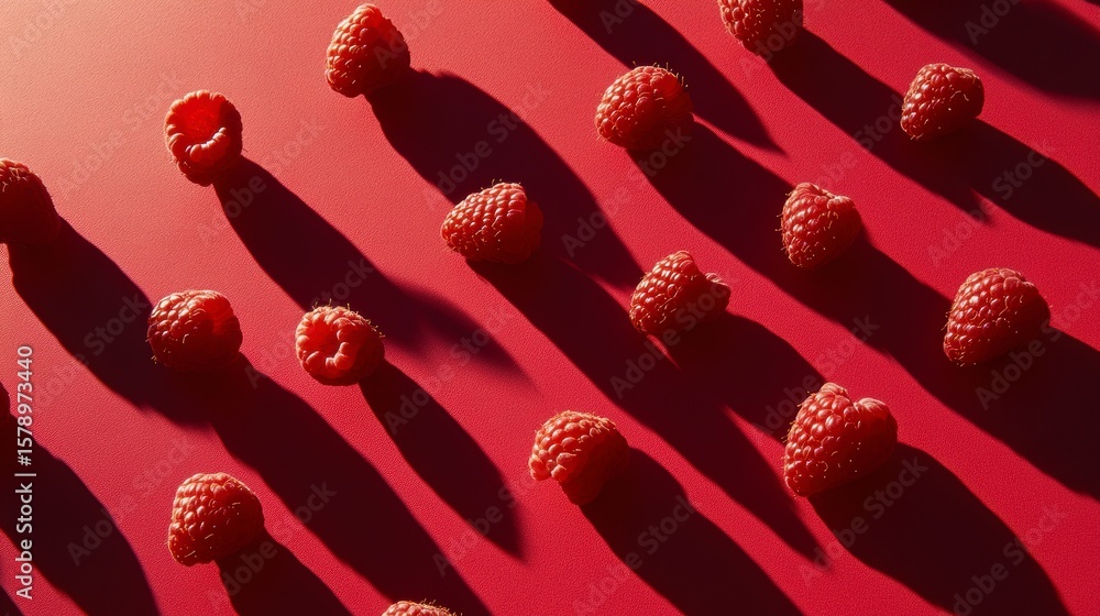 Poster raspberries arranged in rows on a red background, casting dramatic shadows.