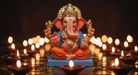 Fototapeta premium Ganesha idol surrounded by glowing diyas