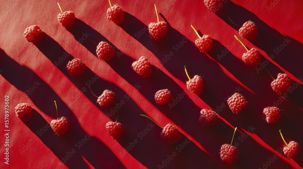 Poster fresh raspberries arranged in diagonal rows on a red background, illuminated by sunlight creating sh