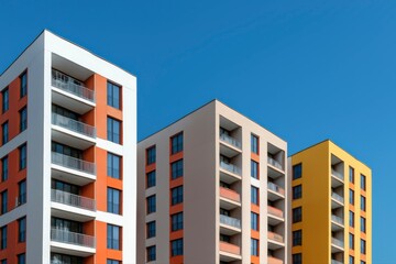 Fototapeta premium Three colorful apartment buildings against a clear blue sky backdrop on transparent background silhouette