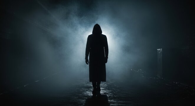 Hooded figure walks through foggy street at night