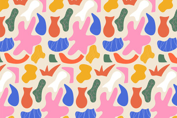 Trendy abstract seamless pattern with bold hand-drawn organic shapes in retro colors. Playful Memphis-inspired background for fashion, branding, textile, and creative projects