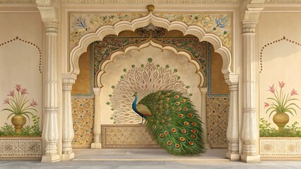 Majestic Peacock in Ornate Indian Architecture Palace Pavilion Mural