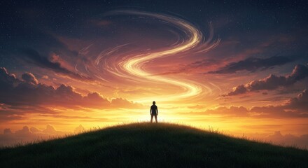 Man stands on hill watching cosmic swirl at sunset