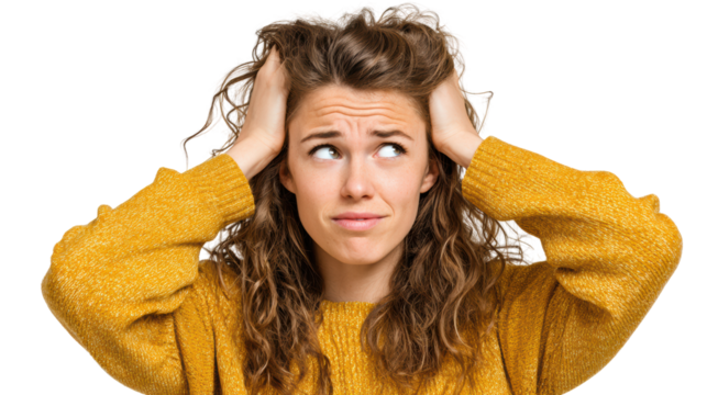 Frustrated woman with curly hair holding her head, looking confused.