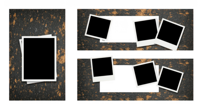 Timeless Memories: An abstract shot showcases a collection of blank polaroid-style photographs, presented on weathered textures, conveying a sense of nostalgia.