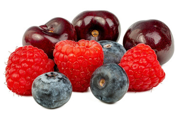 The High-resolution fruit photo of cherries, raspberries and blueberries taken with split-focus technique.